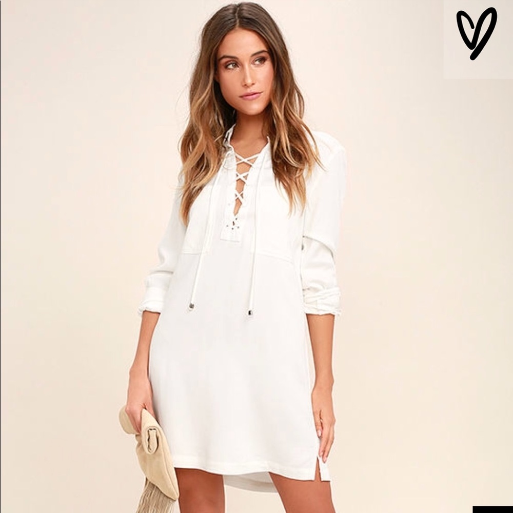 lulu’s white lace up long sleeve collared dress